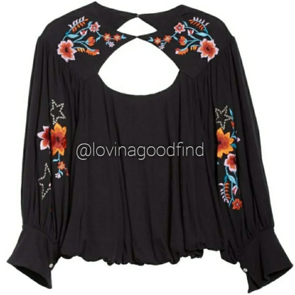 FREE PEOPLE Black Floral Embroidered Keyhole Ballin Sleeve Boho Top EUC sz M